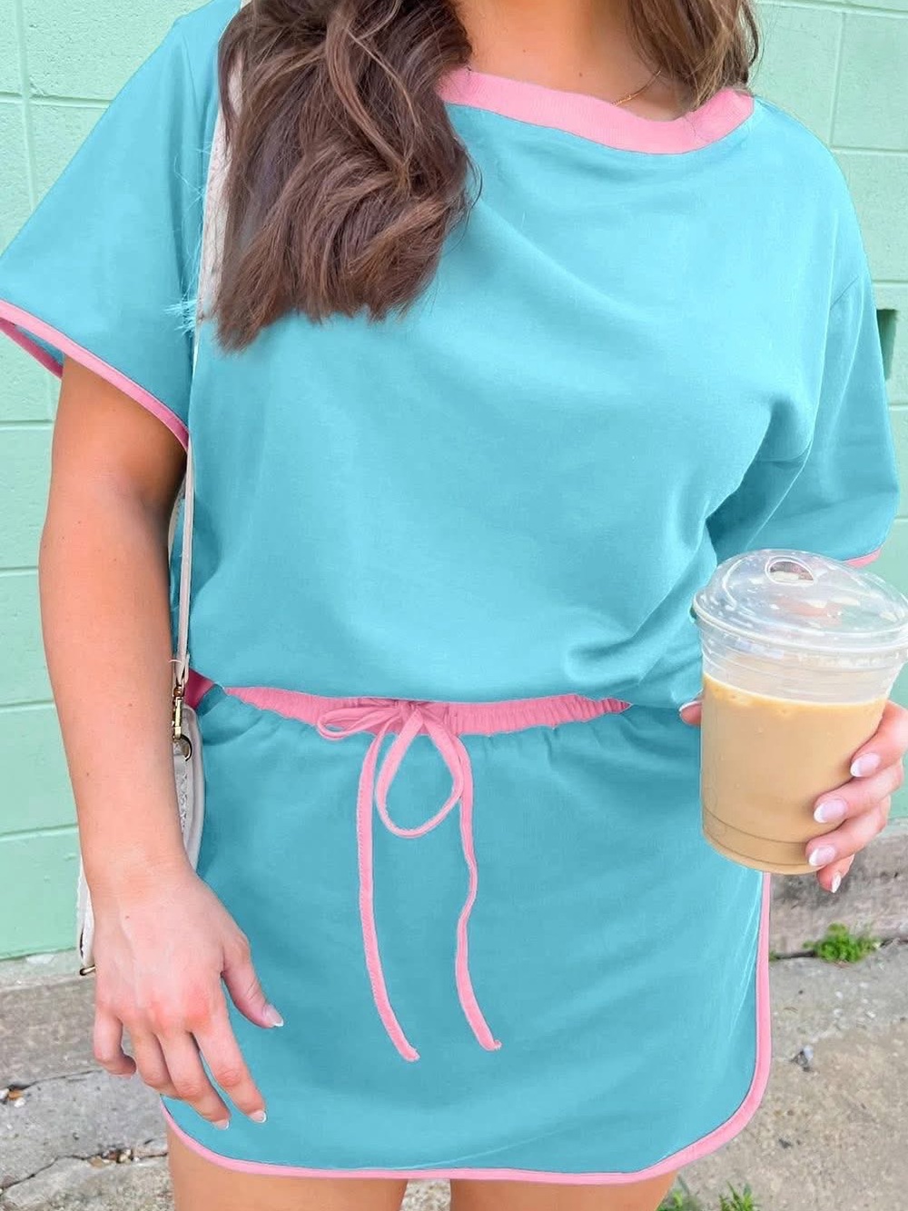 Casual Aqua and Pink Trim Skirt Set